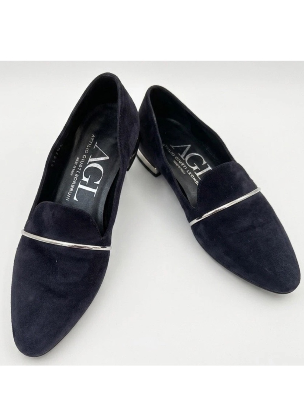 AGL Attilio Giusti Leombruni Navy Suede Silver Bar Loafers Flats 37.5 US 7.5